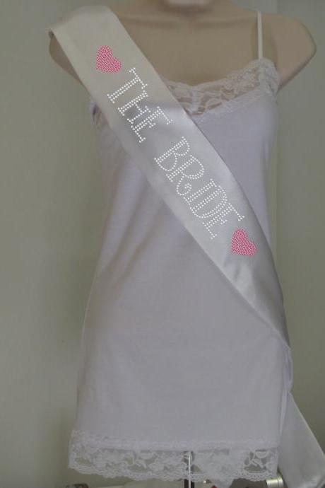 The Bride 2 Bachelorette Sash - White with Crystal and Pink