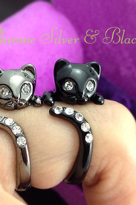 Kitty Cat Ring Chrome Dark Silver Or Black Kitty Cat Ring Swarovski Crystals Adjustable Size Wrap Ring Kitten