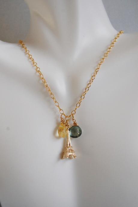 Green Mystic Quartz, Citrine and Eiffel tower Charm Necklace