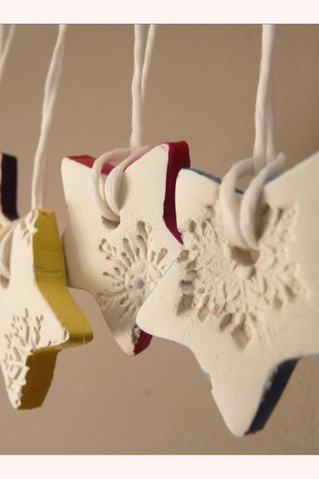 Snowflake Porcelain Ornaments, White And Multi-colored, Star Shaped.