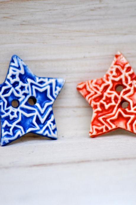 Bright Star Buttons - A Pair Of Handmade Ceramic Buttons In Nautical Red And Blue