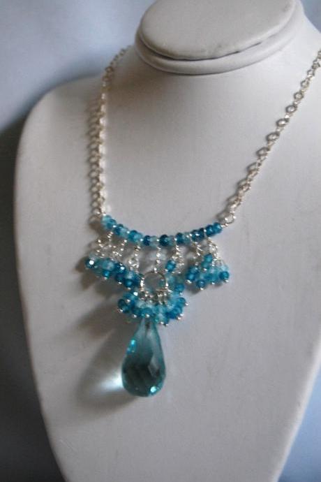 Swiss blue crystal briolette and natural blue shaded zircon necklace