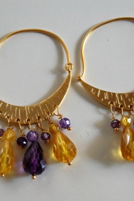 Matte gold plated half moon chandelier earrings