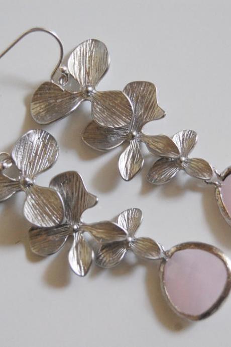 Bezel setting Glass Opal with triple flower connector earrings
