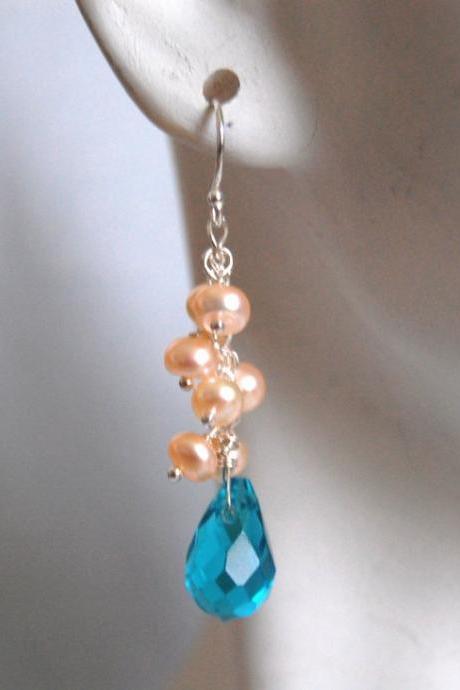 London blue quartz and cream color pearl earrings