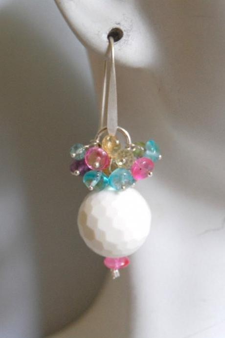 Genuine white onyx and multi color clusters earrings