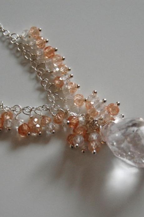 Crystal quartz and brown white shaded natural zircon necklace