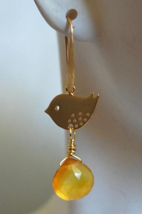 Yellow Chalcedony heart briolette and little bird earrings