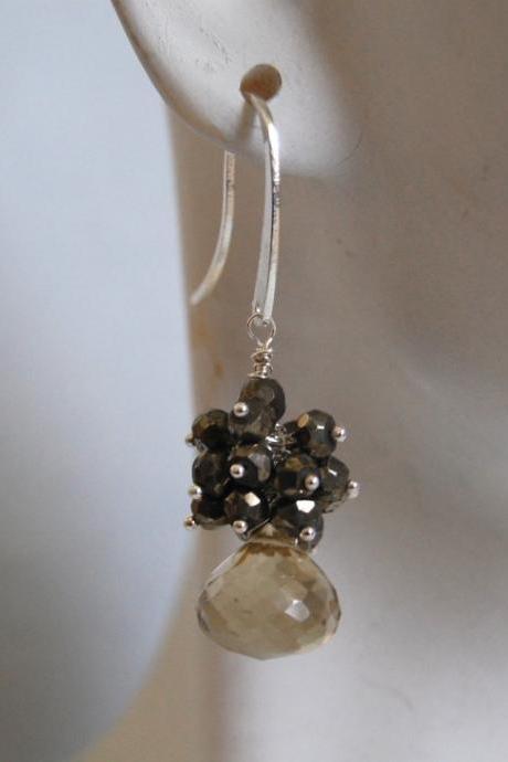 Lemon quartz onion briolette and pyrite dangle earrings