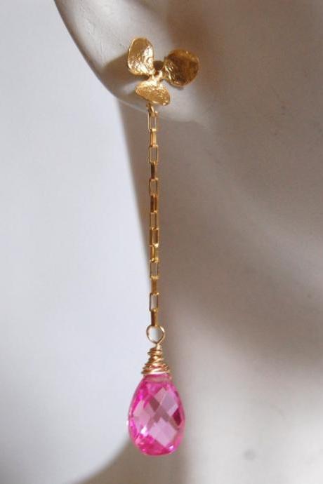 AAA Hot Pink Quartz long drop earrings