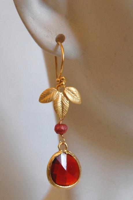 Bezel setting Glass Garnet and ruby earrings