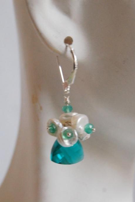Paraiba blue Quartz Earrings with Keishi pearls and green Onyx