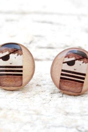 Retro Little Pirate Earrings in Brown, Small Ear Studs Posts, Nautical