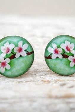 Cherry Blossom Earrings Green White Brown, Small Studs Posts, Woodland Jewelry (E24)