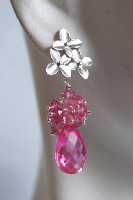 AAA Hot Pink quartz briolette and mystic Rubelite dangle earrings