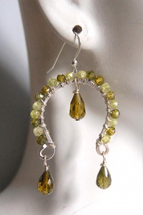Green shaded zircon and olive green crystal quartz dangle earrings
