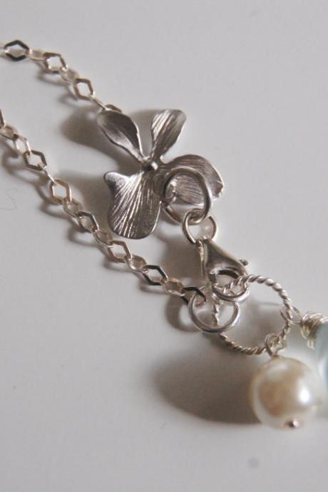 Orchid Charm bracelet with light blue quartz, pearl and sterling silver