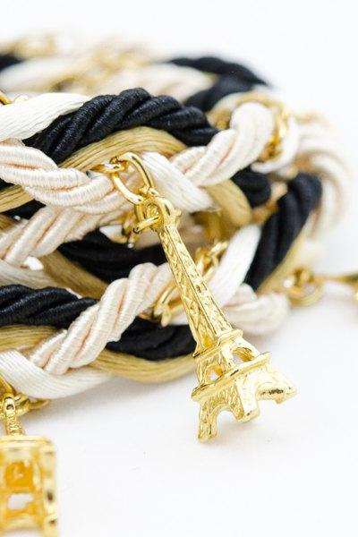 Triple Wrap Bracelet with Paris Eiffel Tower Star and gold chain braided Bracelet