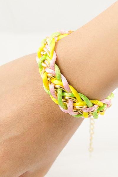 Colorful woven chain bracelet , braided bracelet , gold chain bracelet , chunky chain with colorful