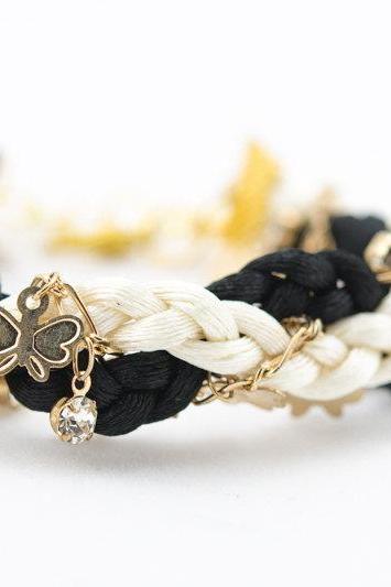 butterfly on chain twist black white braided bracelet with rhinestones , butterfly chain braid bracelet, bridesmaids gift