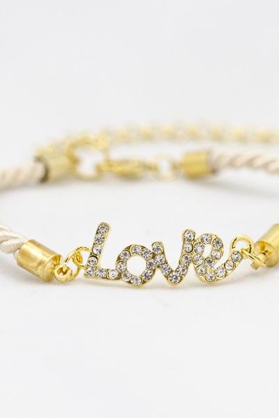 Rhinestone Gold Love Bracelet with ivory color , gold love bracelet ,bridesmaid gift love bracelet