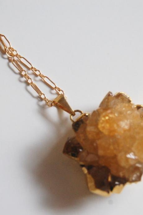 Citrine Druzy Geode crystal cluster gold pendant necklace