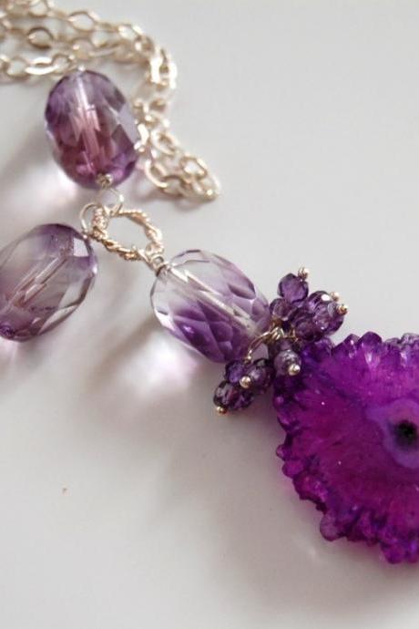 Beautiful purple Stalactite slice and Amethyst necklace