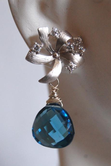 Beautiful London blue quartz and flower with cubic zirconia earrings