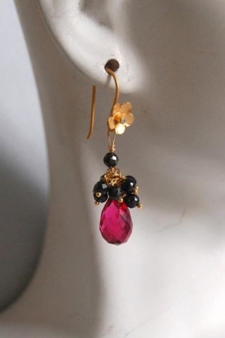 AAA hot pink quartz and black spinel dangle earrings