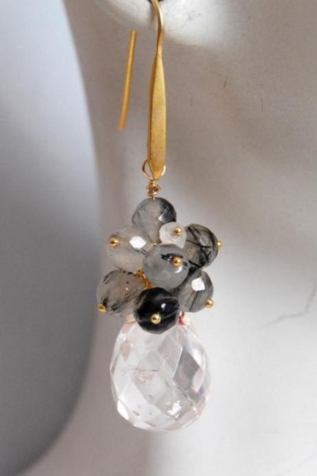 White crystal quartz briolette and black rutilated earrings