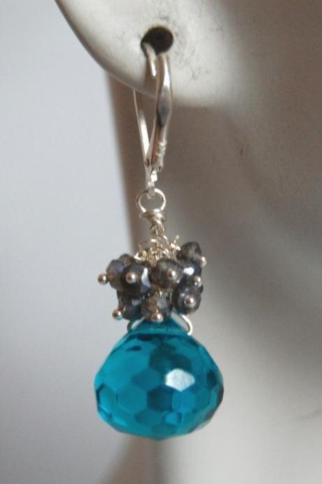Blue quartz onion briolette and pyrite dangle earrings