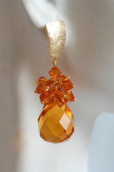 Golden Yellow Quartz briolette and Swarovski crystal bicone dangle earrings