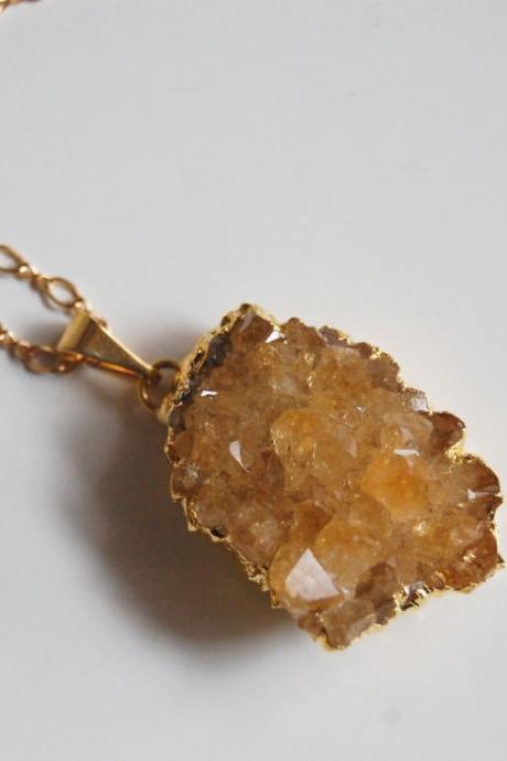 Citrine Druzy Geode gold pendant necklace
