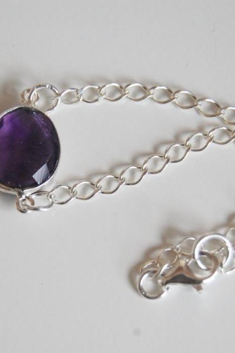 Dark Purple Amethyst bezel setting bracelet with Sterling Silver chain