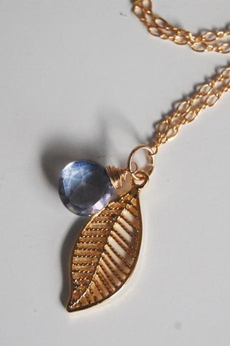 Blue Mystic Quartz and leaf charm Necklace