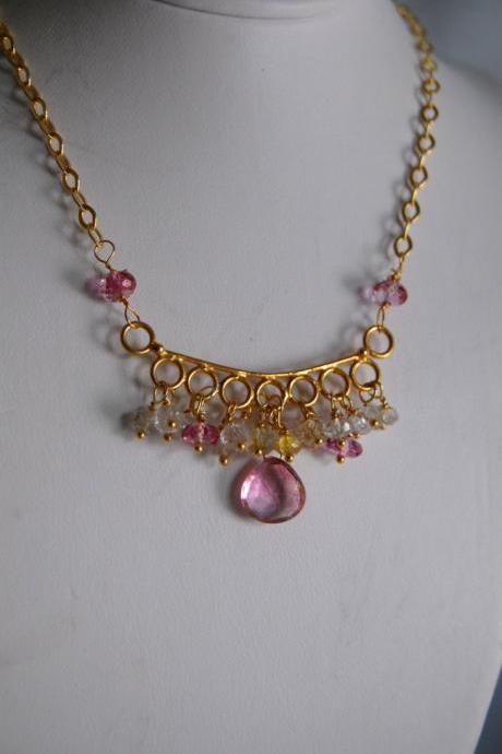 Pink mystic quartz ,topaz and tourmaline necklace