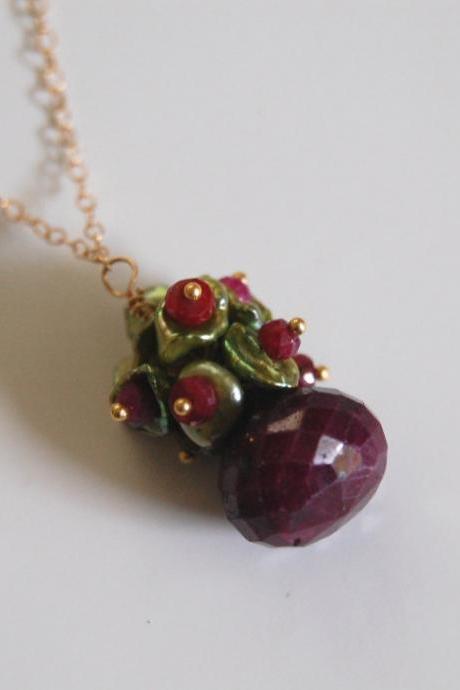 Ruby Necklace with Green keishi pearl and gold filled