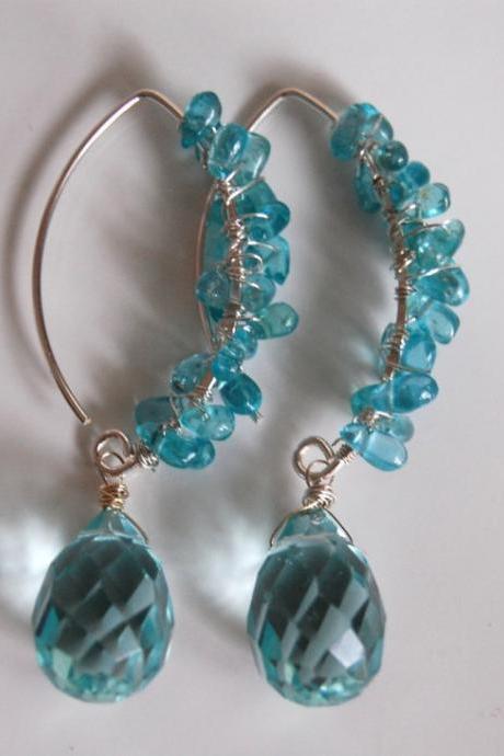 Swiss blue Crystal quartz briolette and Chalcedony chips earrings