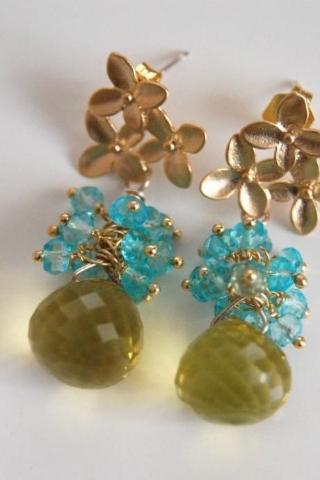 AAA green lemon quartz and sky blue quartz earrings