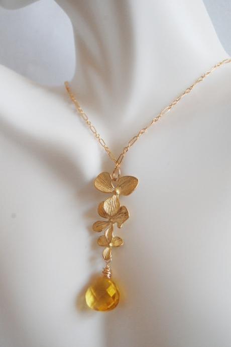 Gorgeous Lemon quartz heart briolette and Orchid flower charm necklace