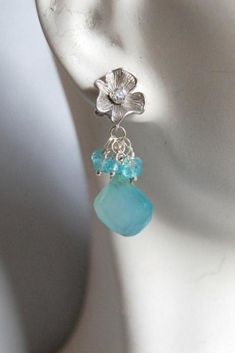 Aqua color chalcedony and blue apatite dangle earrings