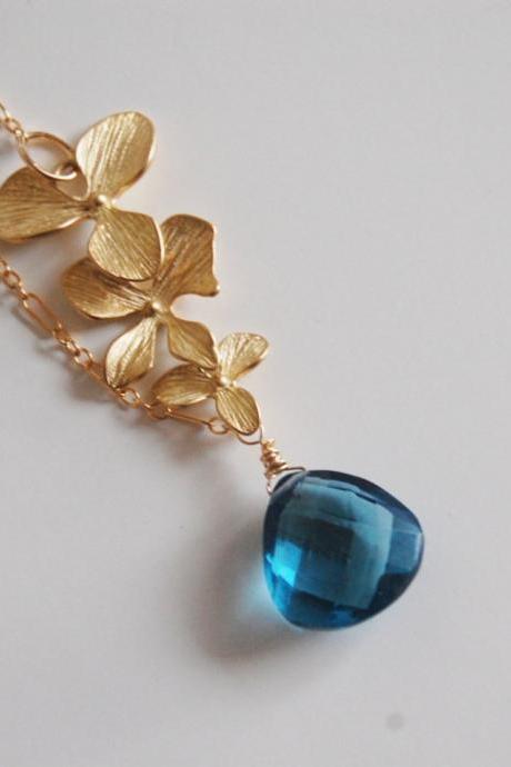 London blue quartz and Orchid charm Necklace with Gold filled chain.