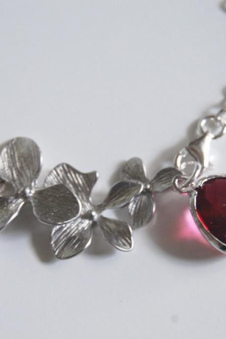Bezel setting Fuchsia on Sterling silver Chain and orchid charm bracelet