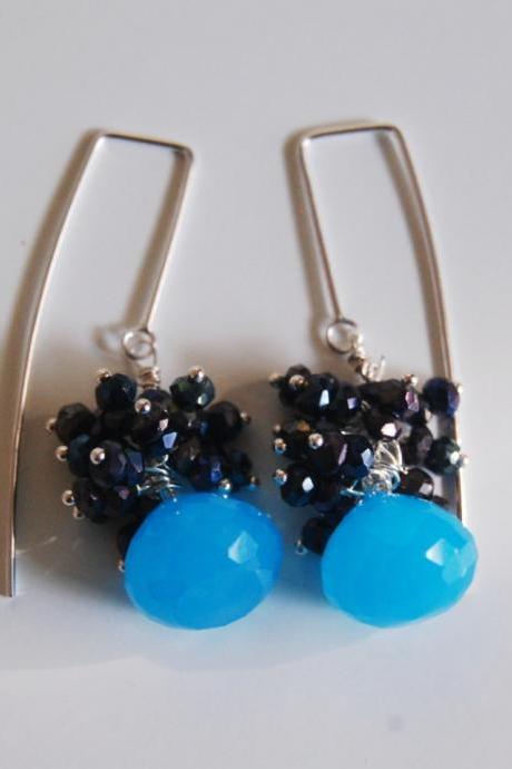 Ocean Blue Chalcedony, Mystic Blue Black Spinel long drop earrings