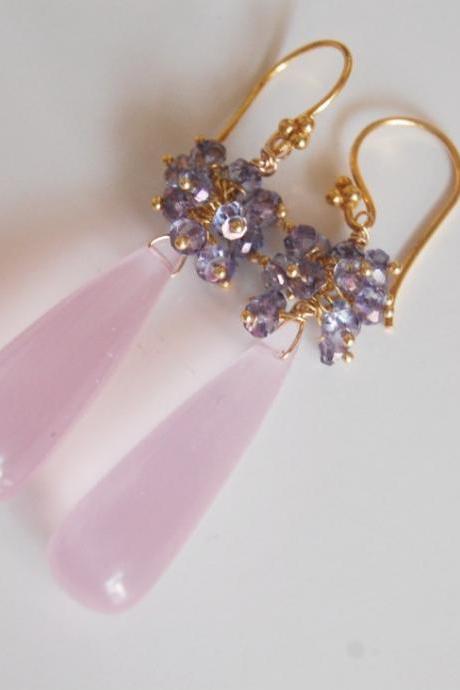 Baby Pink Quartz and Iolite Long drop Earrings