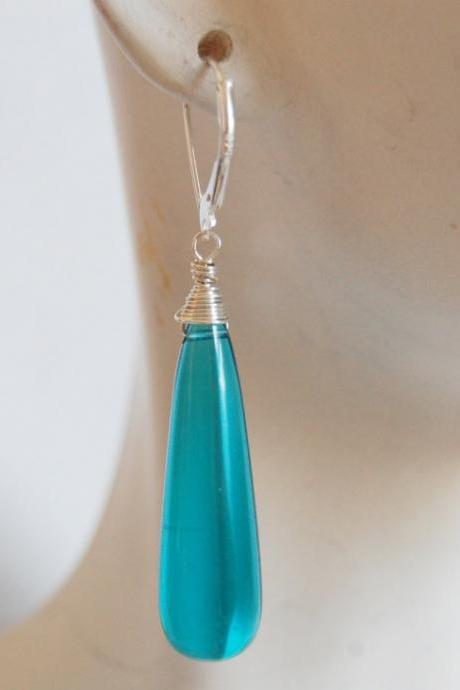 Lake blue long drop quartz briolette earrings