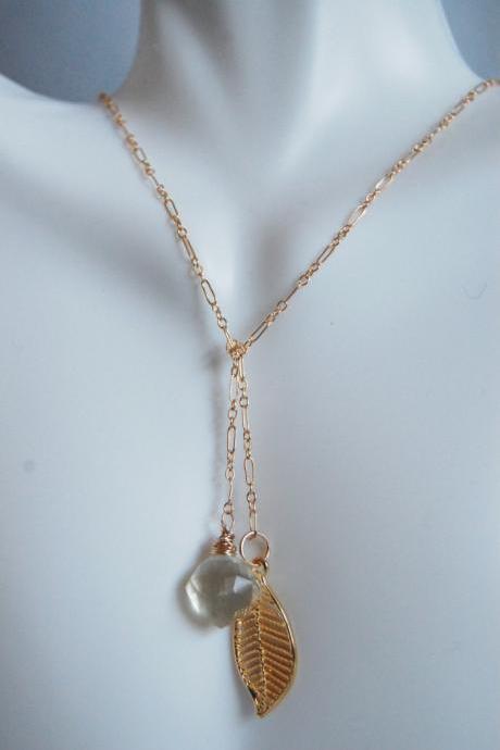 Gorgeous Lemon quartz and leaf charm Lariat necklace