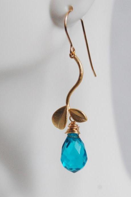 Swiss Blue Quartz and leaf connector dangle Earrings
