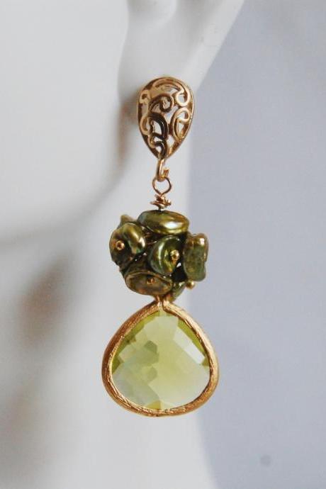 Green Keishi pearl and Peridot green glass drop earrings