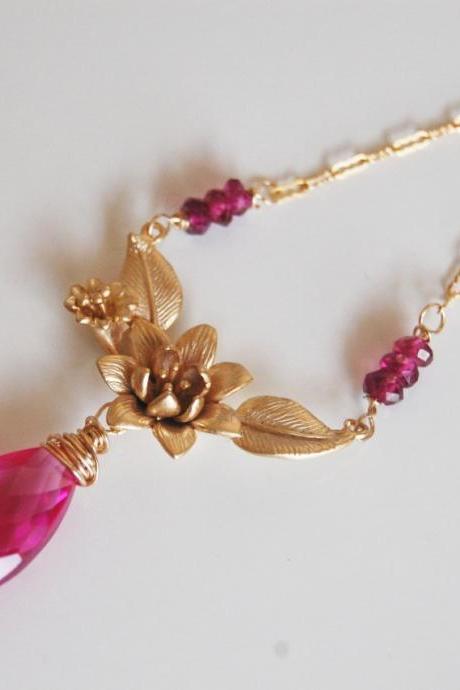 Hot pink Quartz And Gold Plated Flower pendant Necklace